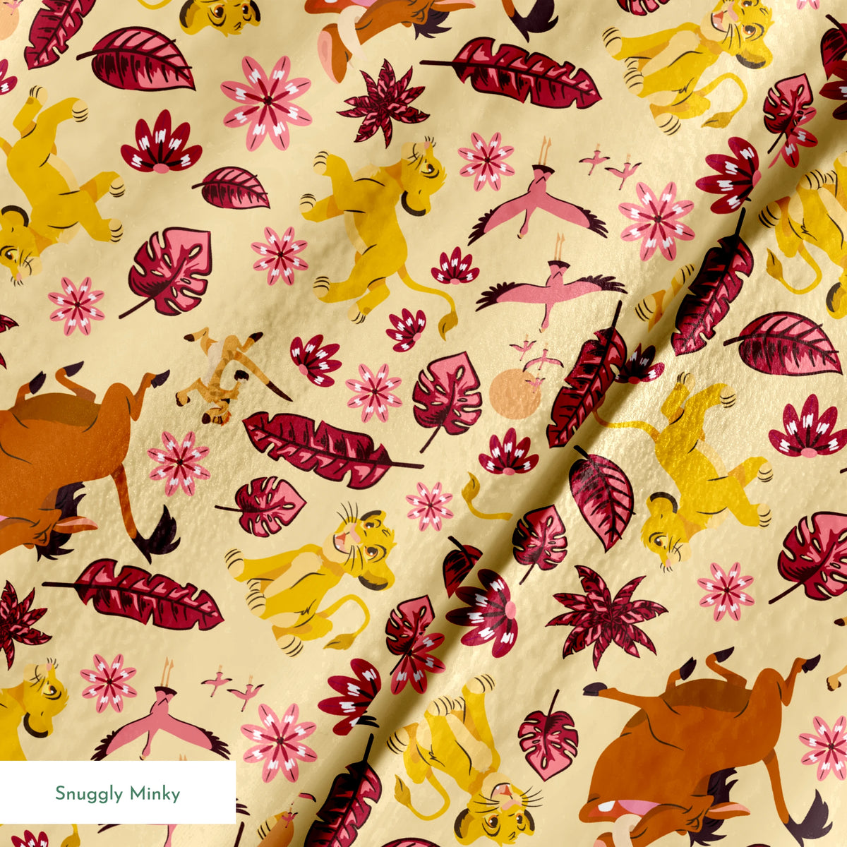 Decorative pattern with lions, gazelles, and boars in yellows and browns among maroon leaves and pink flowers springs minky texture