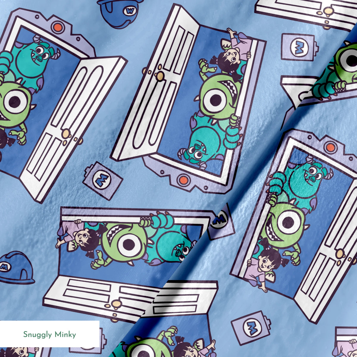 Monsters Inc characters Mike and Sully peeking through doorways on blue background pattern springs minky texture