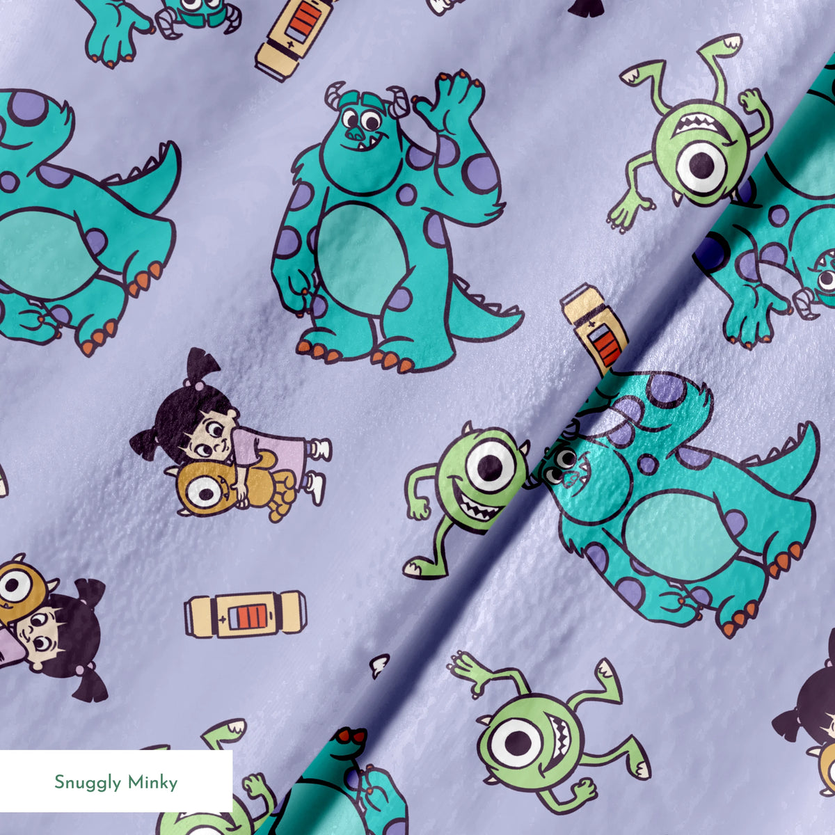 Cartoon pattern of Monsters Inc characters - Mike, Sulley, and Boo - on a purple background springs minky texture