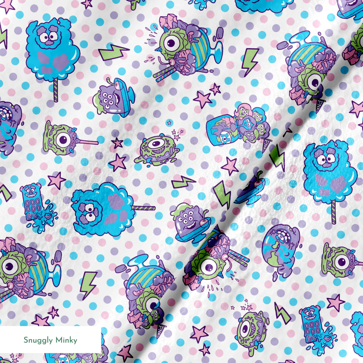 Monsters Inc inspired desserts, stars and lightning bolts on polka dot background springs minky texture