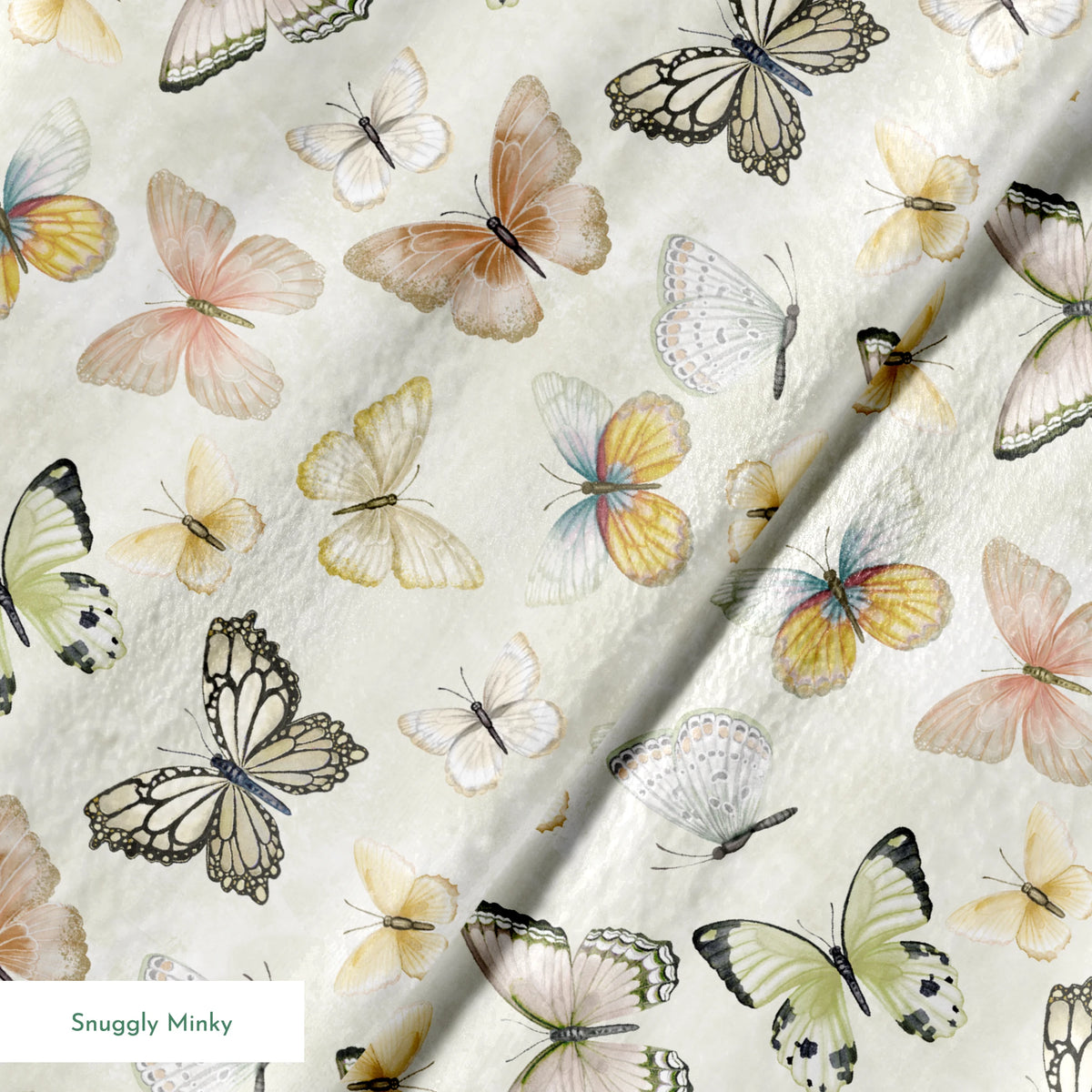 Hand-illustrated pastel butterflies in pink, blue, yellow, and sage on a cream background in a botanical-style Nicole Tamarin design. springs minky texture