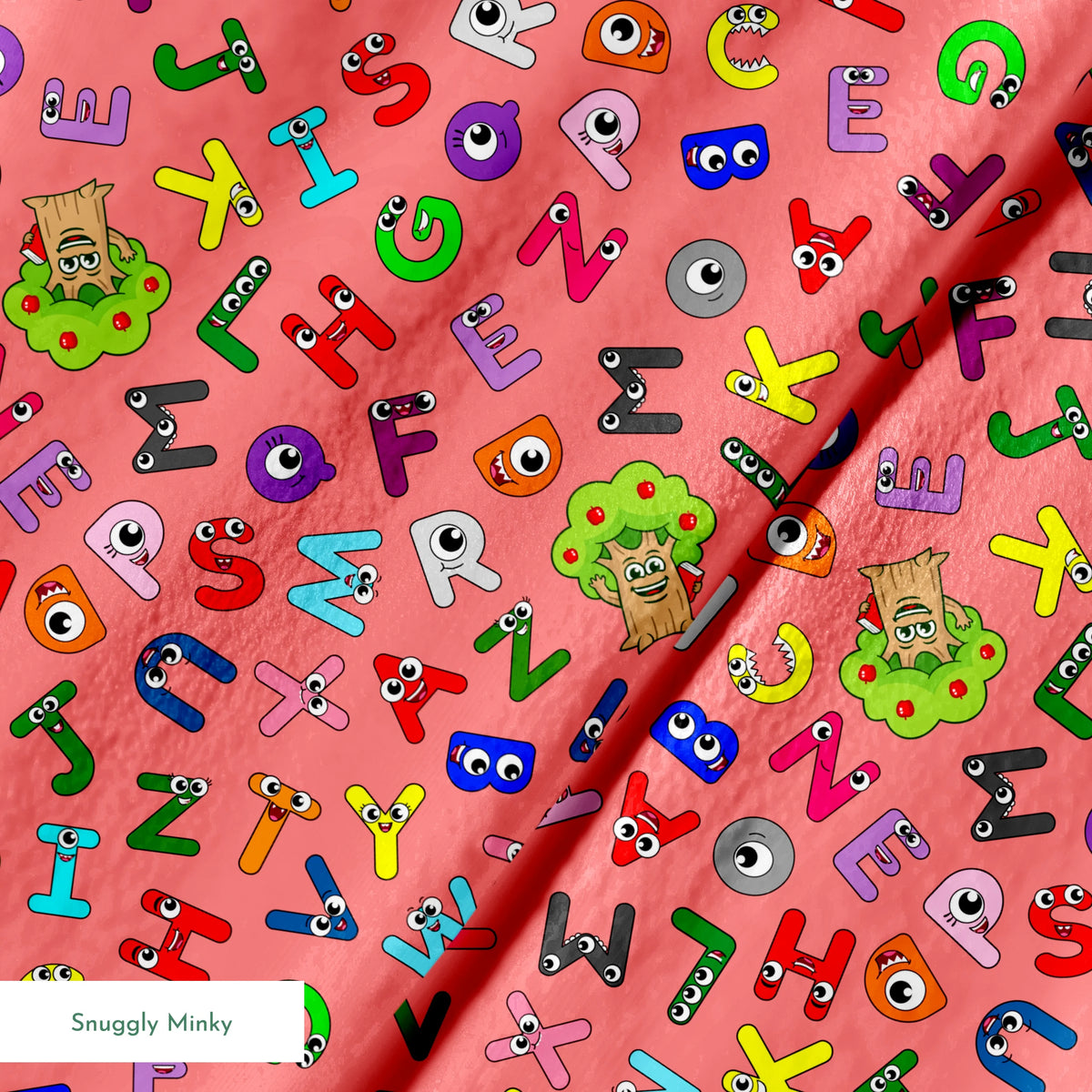 Colorful alphabet pattern with cartoon letter characters on bright pink background springs minky texture