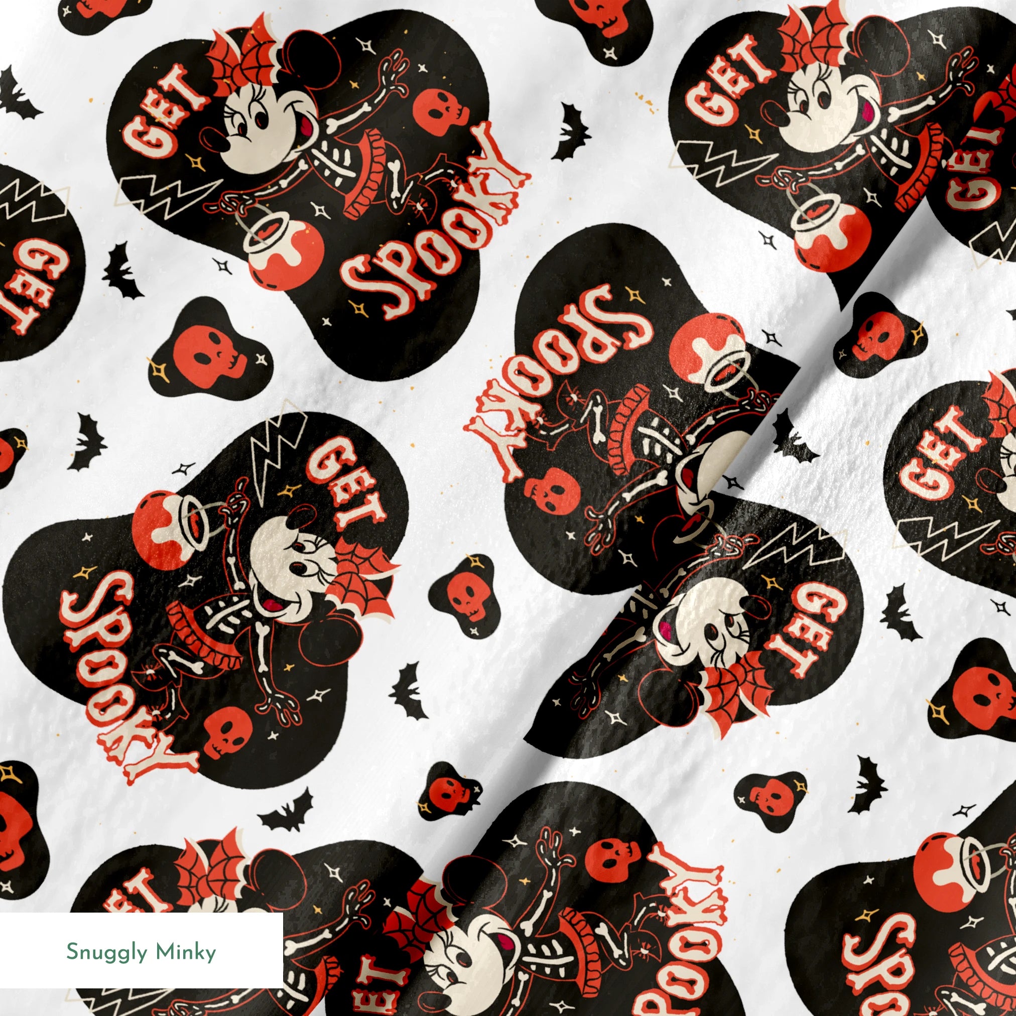 Halloween pattern with Minnie Mouse shapes, "Get Spooky" text, skulls, bats, and hearts on white background springs minky texture