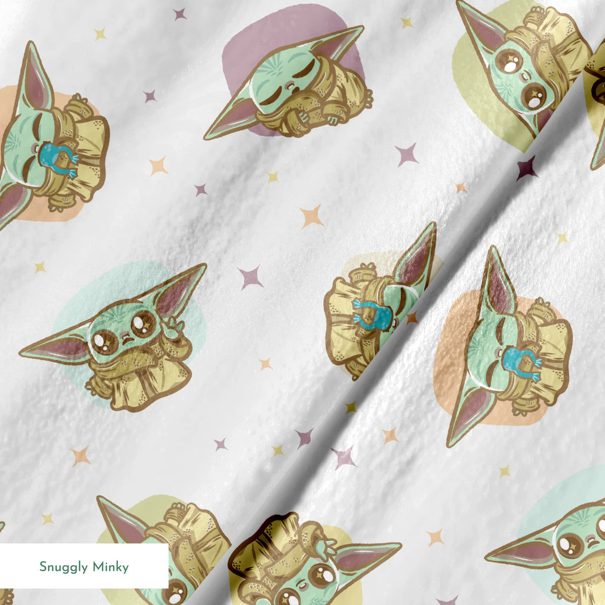 Cute cartoon characters in floating pods with big ears against a starry background, pastel colors springs minky texture