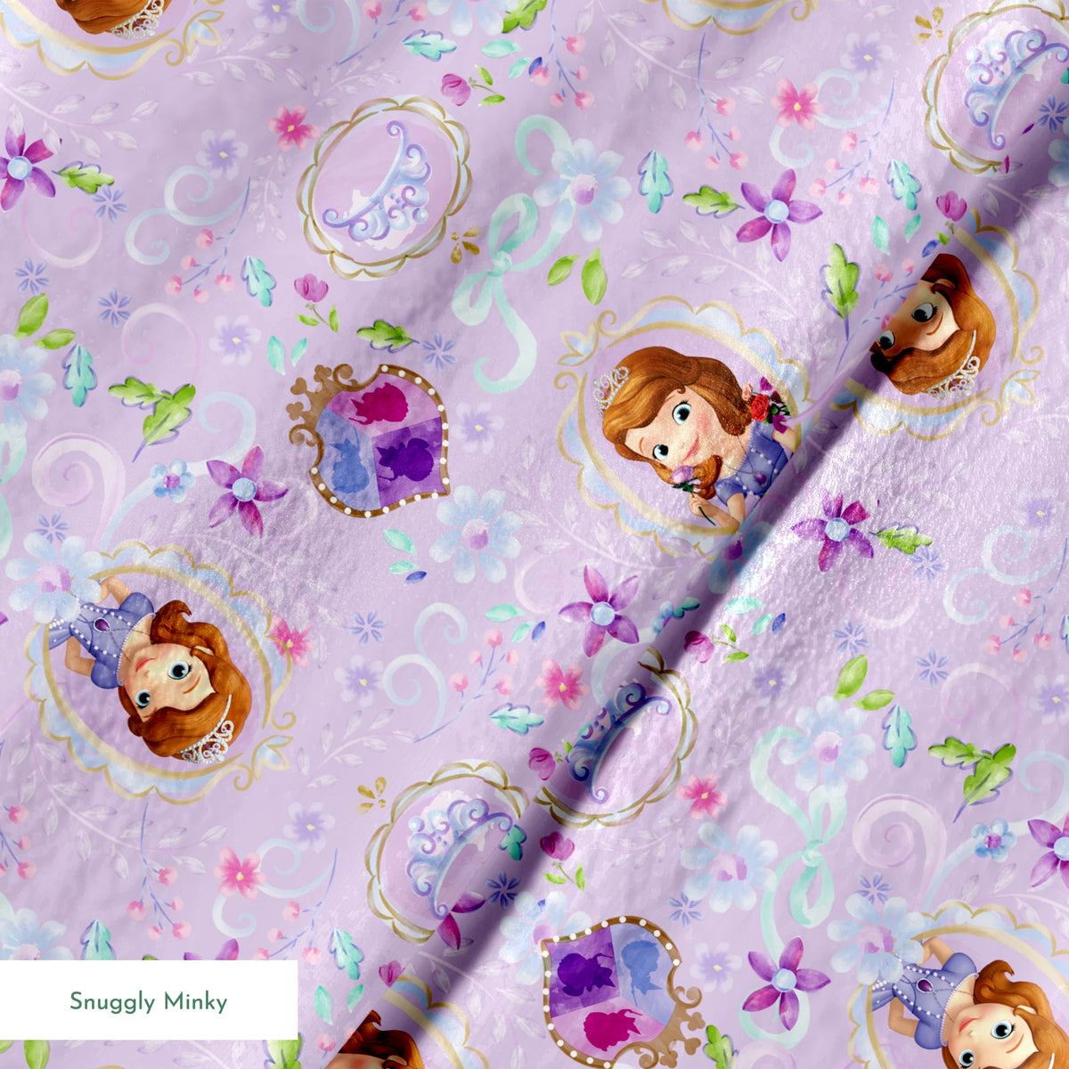 Princess Sofia pattern with purple flowers and swirls on lavender background springs minky texture