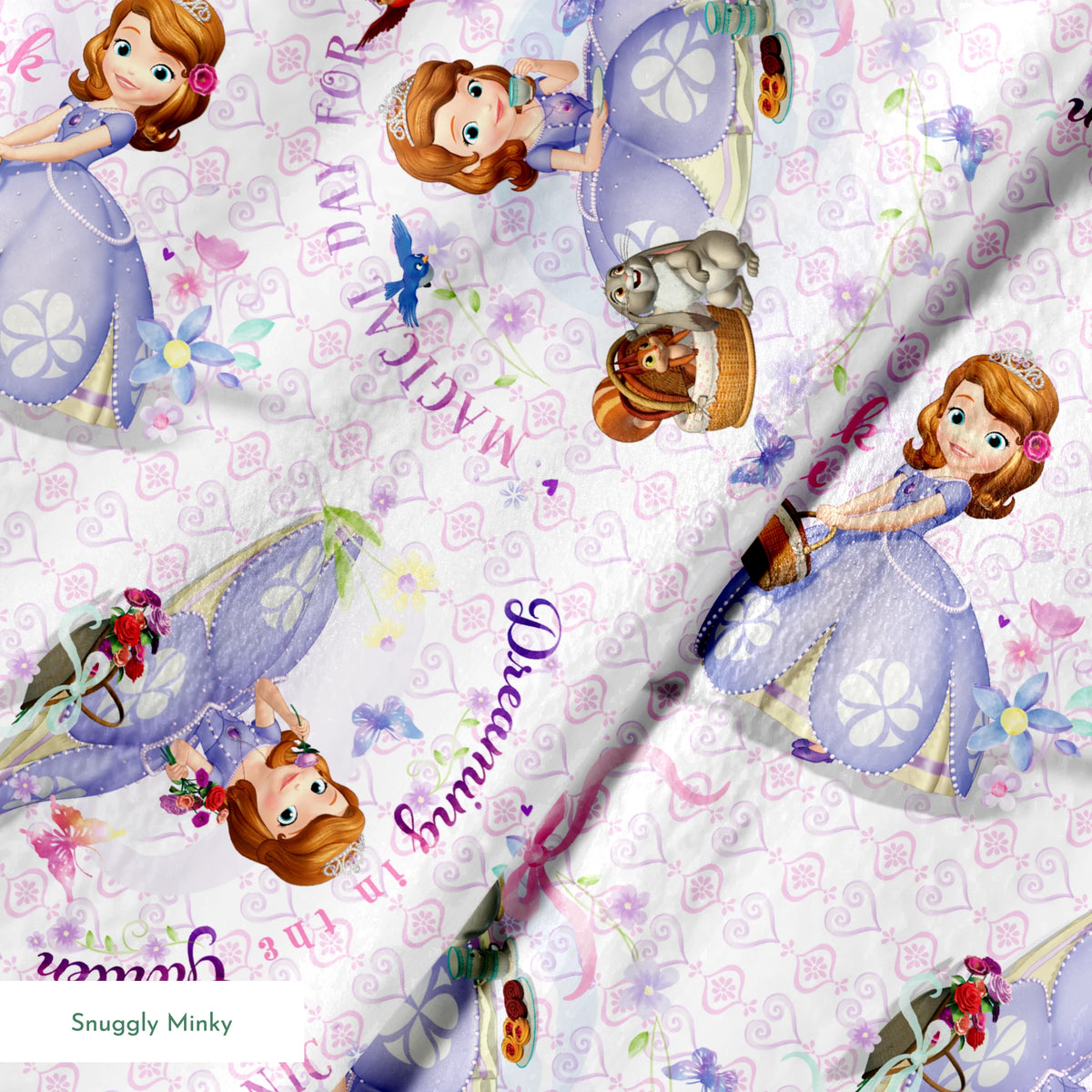 Disney Sofia the First Princess-themed pattern with characters in purple dresses, crowns, and the text "Beautiful Princess" on light purple background springs minky texture