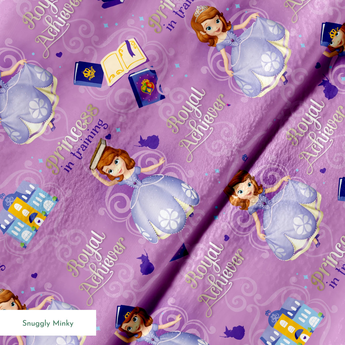 Princess Sofia pattern with "Royal Achiever" and "Princess in Training" text, purple background with castles and books springs minky texture