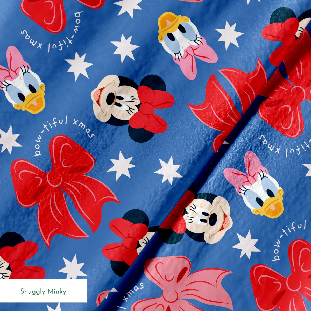 Disney character pattern with Minnie Mouse, Daisy Duck, and pink/red bows on blue background with white stars springs minky texture