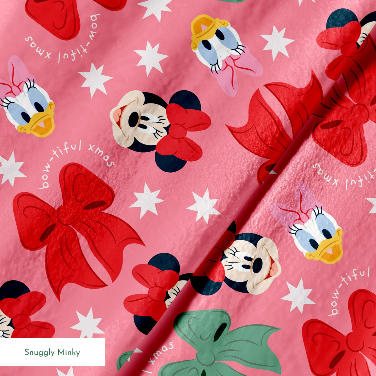 Disney character pattern with Mickey and Minnie Mouse, Donald Duck, bows in red and green on pink background with white stars springs minky texture