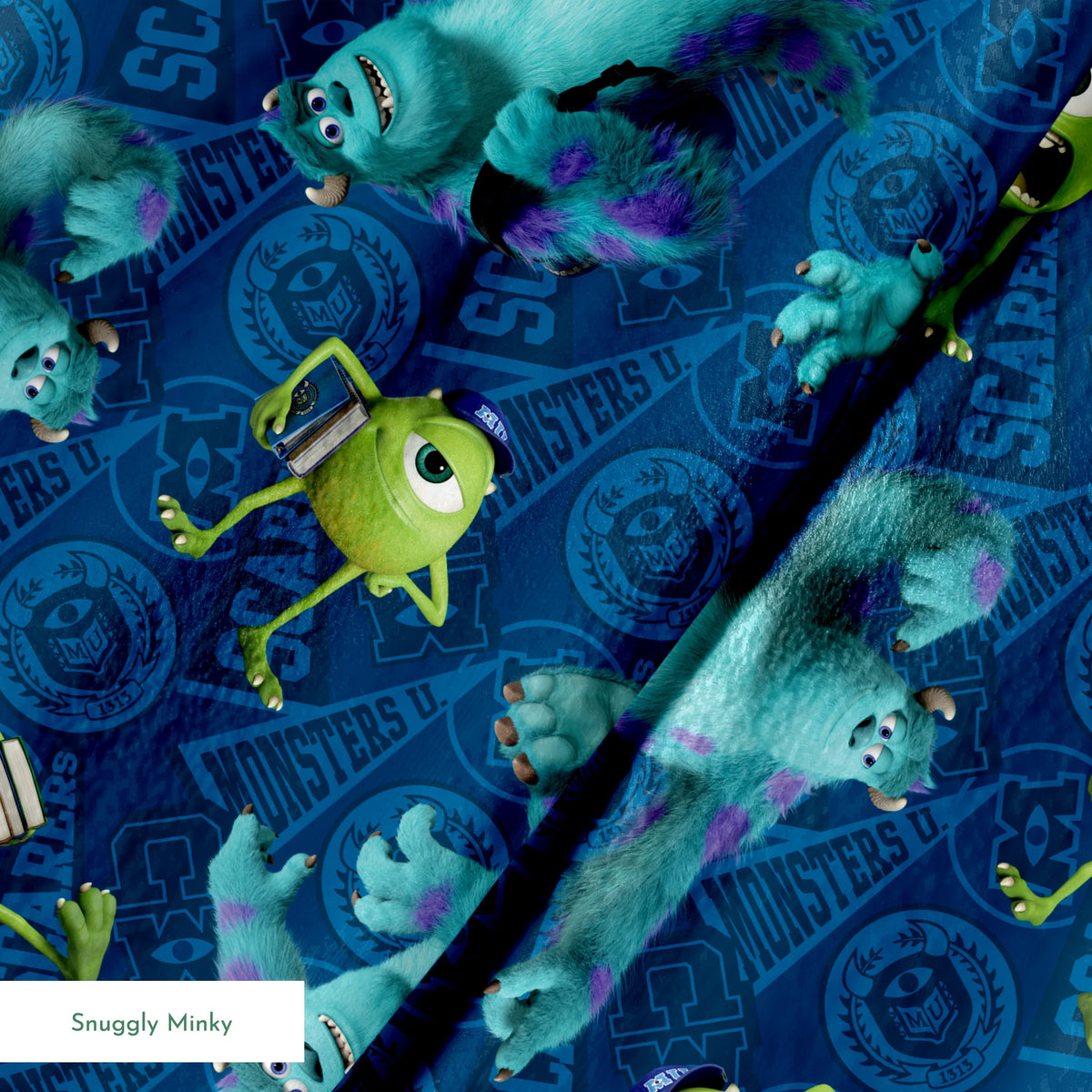 Monsters Inc characters pattern with Mike Wazowski and Sully on blue background springs minky texture