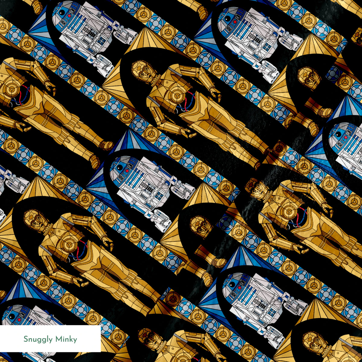 Repeating pattern of golden droid and blue-white astromech droid characters from Star Wars on black background with decorative borders springs minky texture