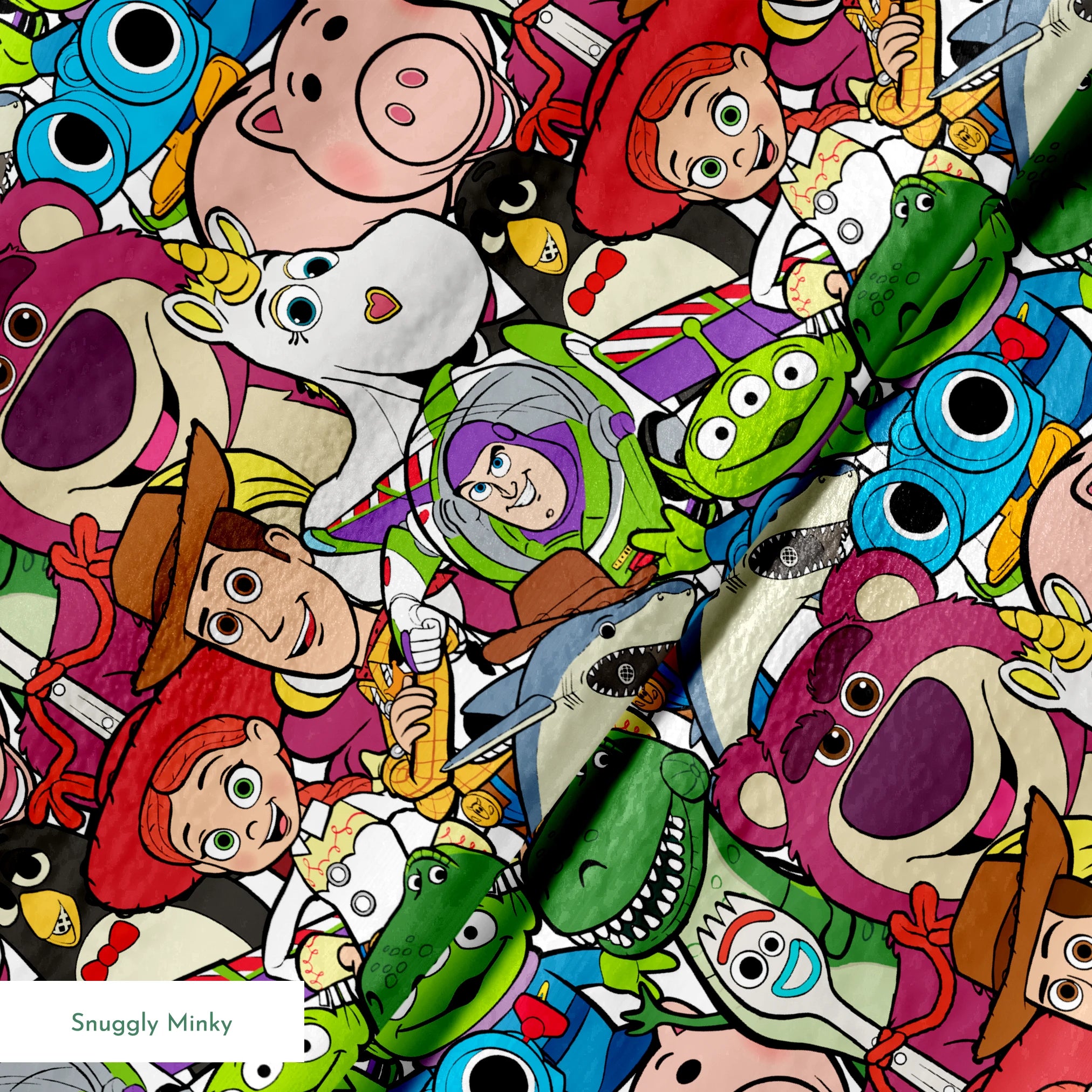Colorful collage of Pixar and Disney animated characters including Toy Story, Monsters Inc, and other iconic cartoon figures springs minky texture