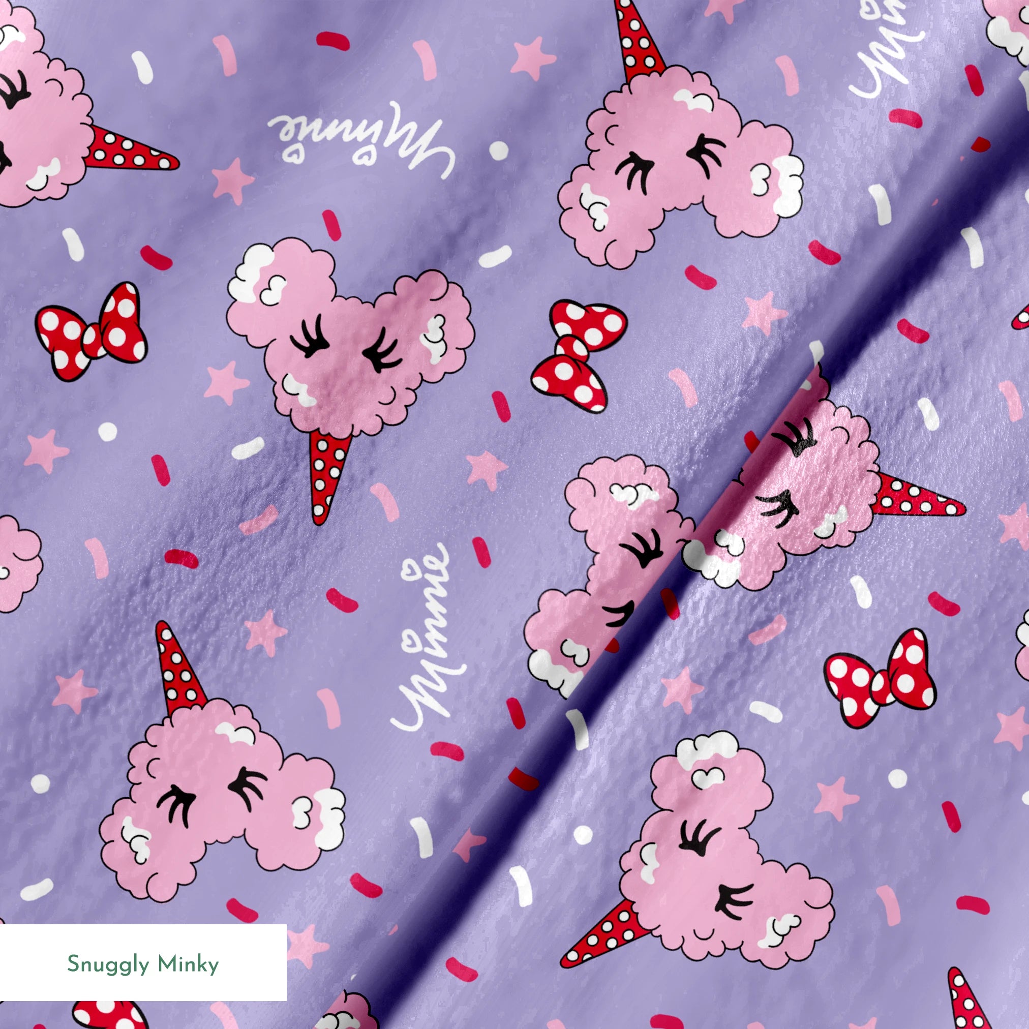 Pink Disney-inspired cotton candy and bows on purple background with confetti and stars springs minky texture