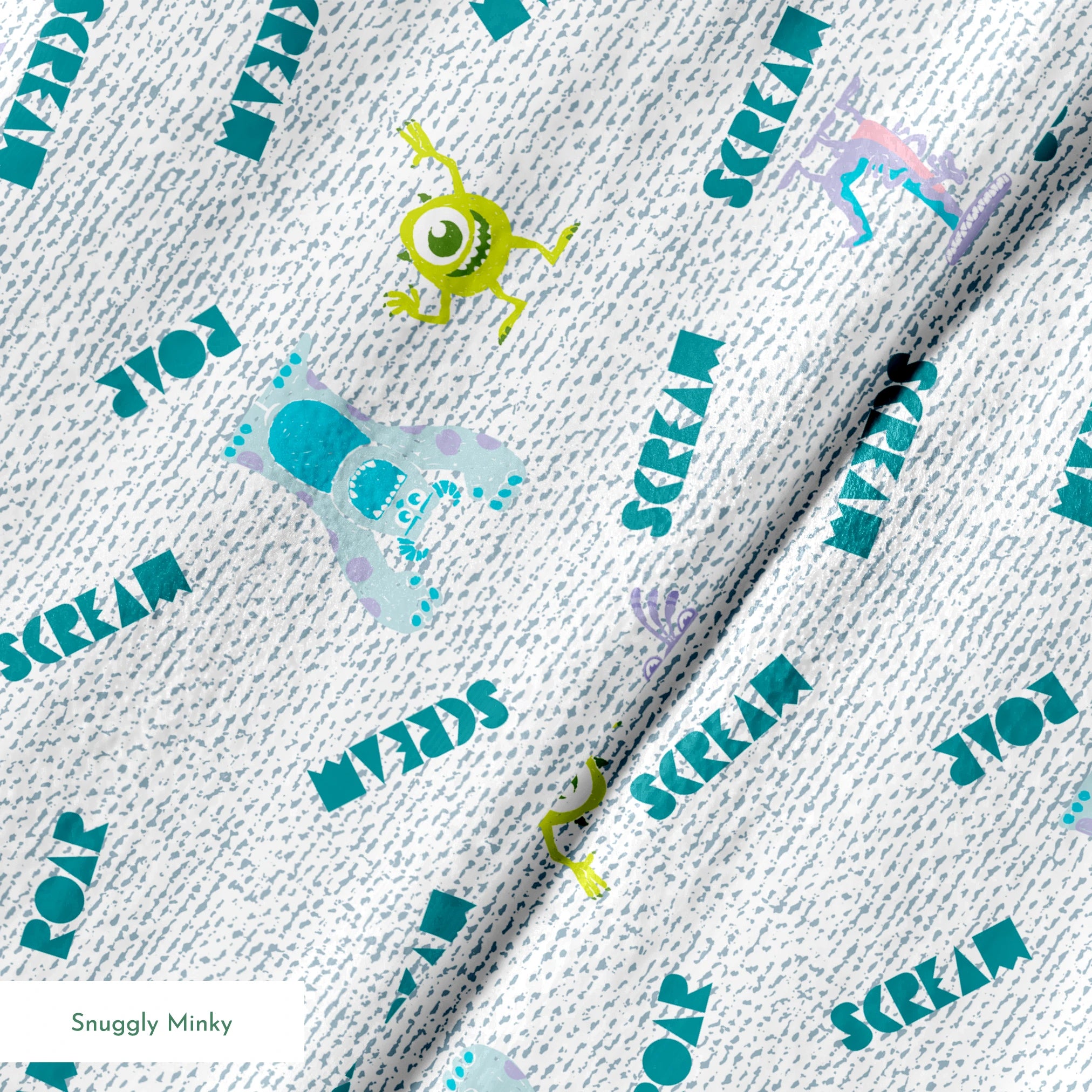 Monsters Inc pattern with teal "SCREAM" text, Mike Wazowski and Sulley on light textured background springs minky texture