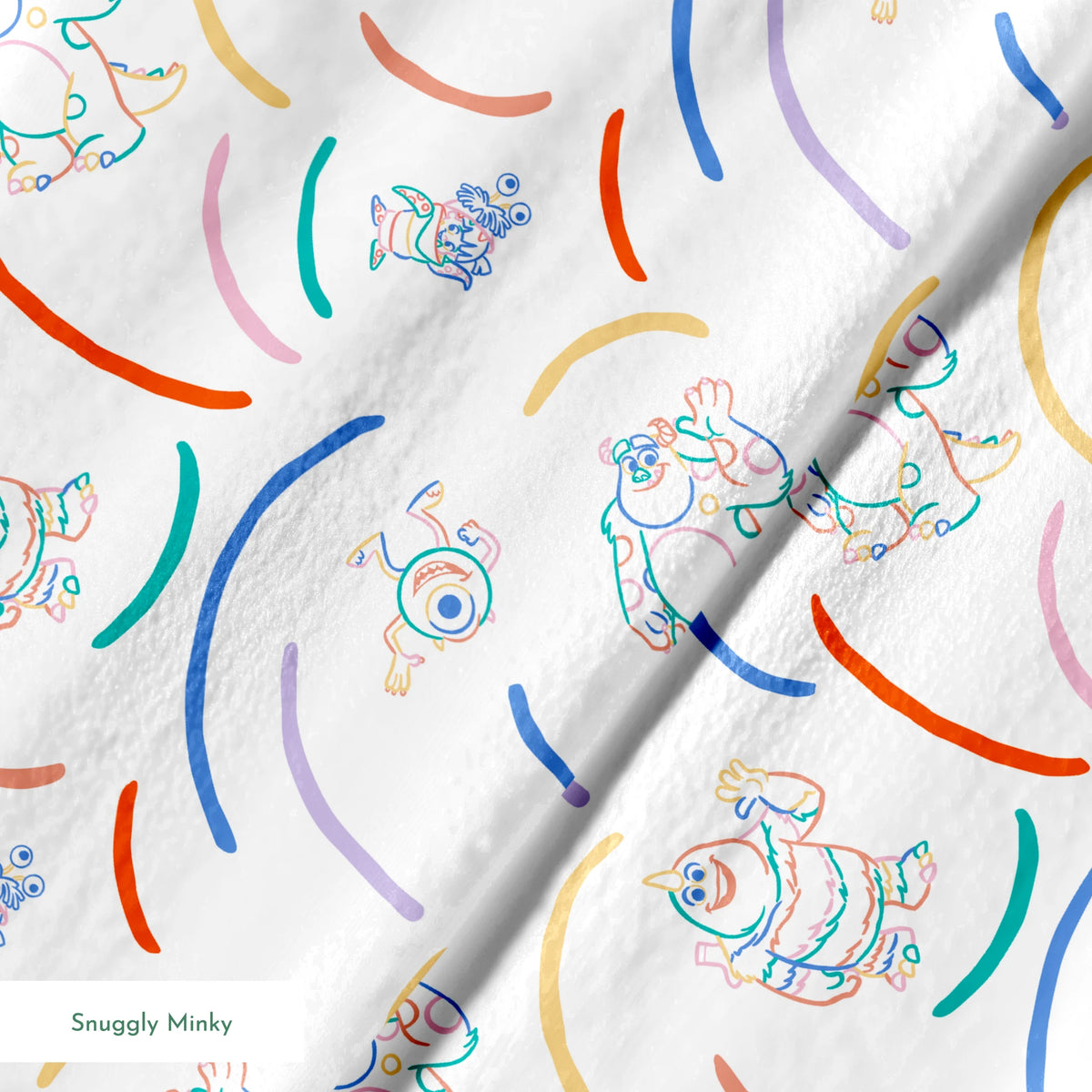 Colorful line drawing pattern with Monsters Inc characters  surrounded by curved arcs in rainbow colors springs minky texture