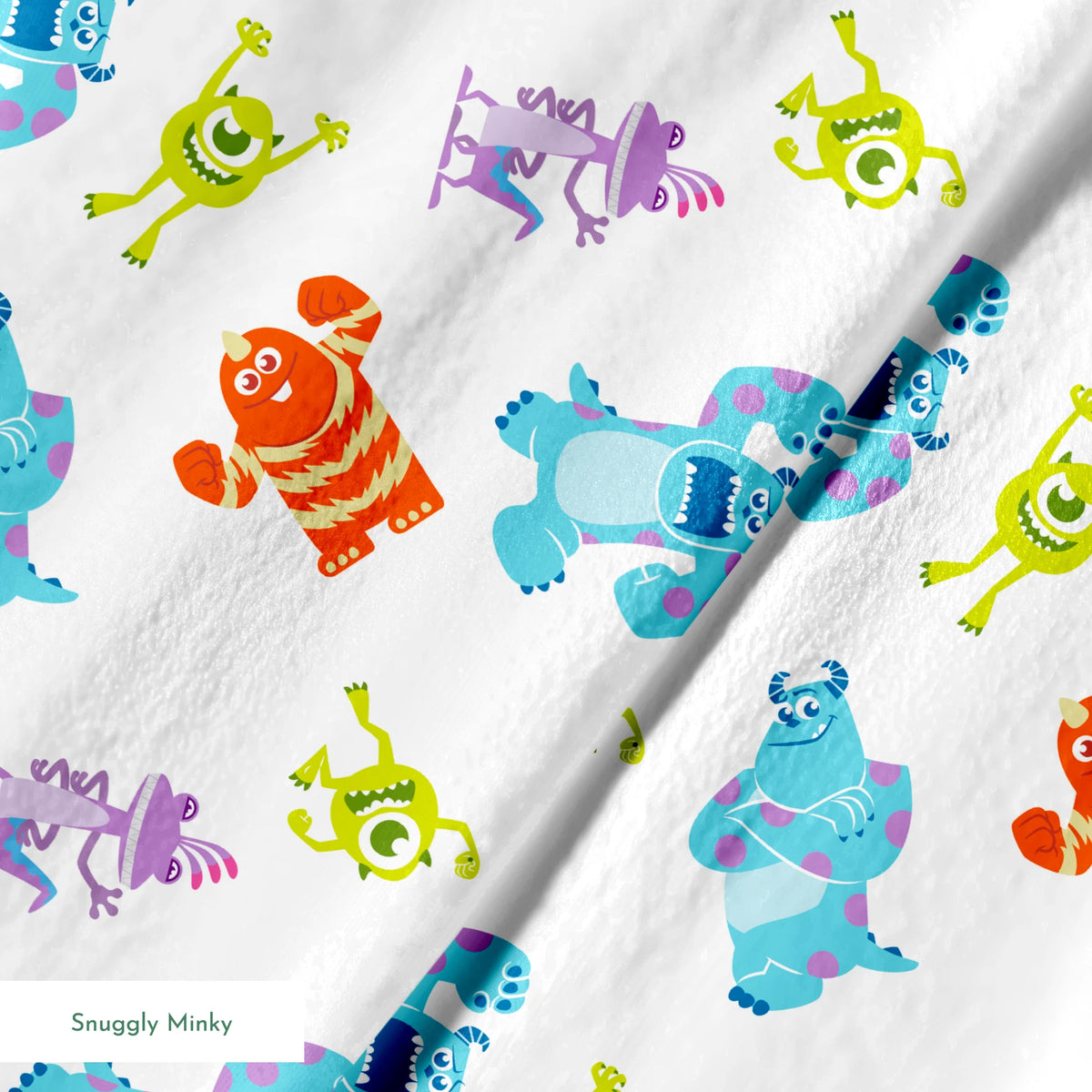 Cartoon monsters pattern with colorful characters - blue, green, purple and orange creatures on white background springs minky texture