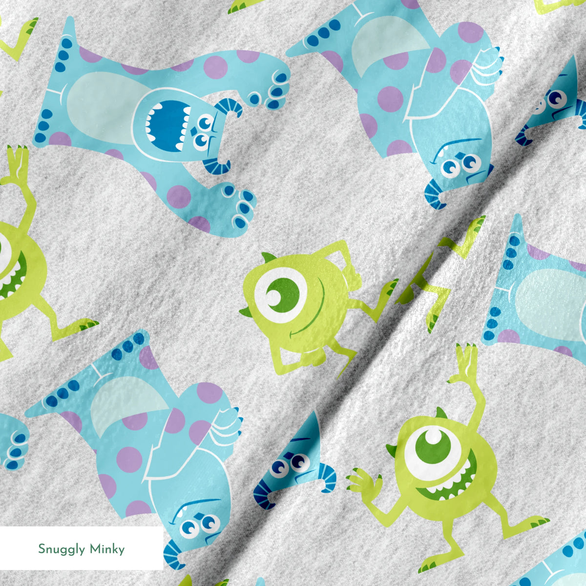 Cartoon pattern of Monsters Inc characters on light gray background springs minky texture