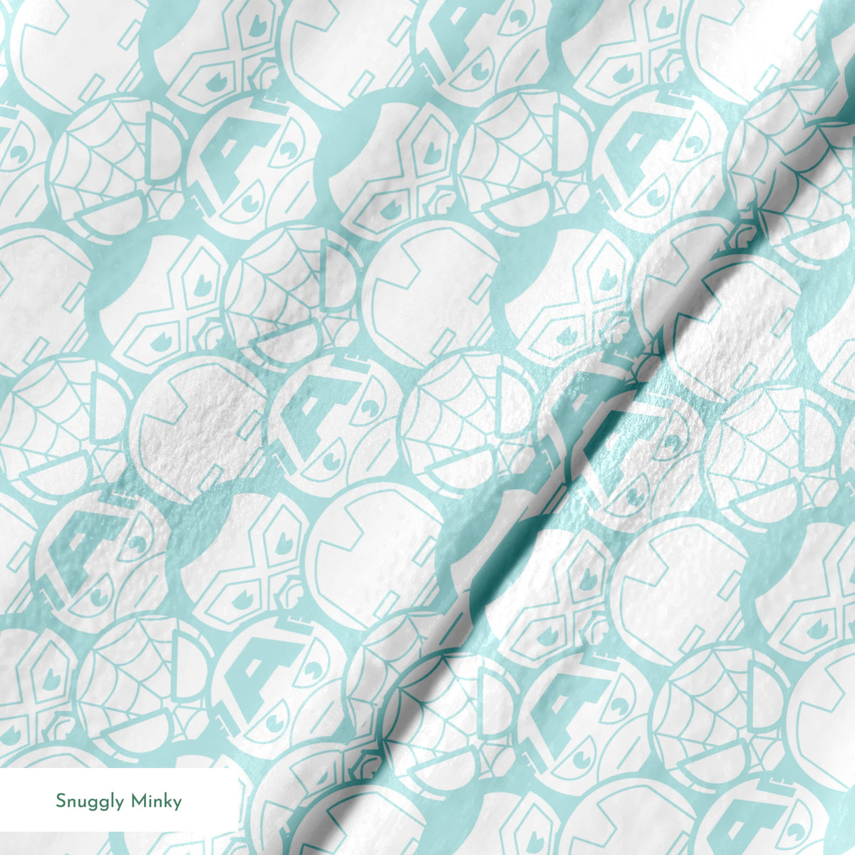 Light blue and white pattern of stylized superhero masks and helmets in a repeating design springs minky texture