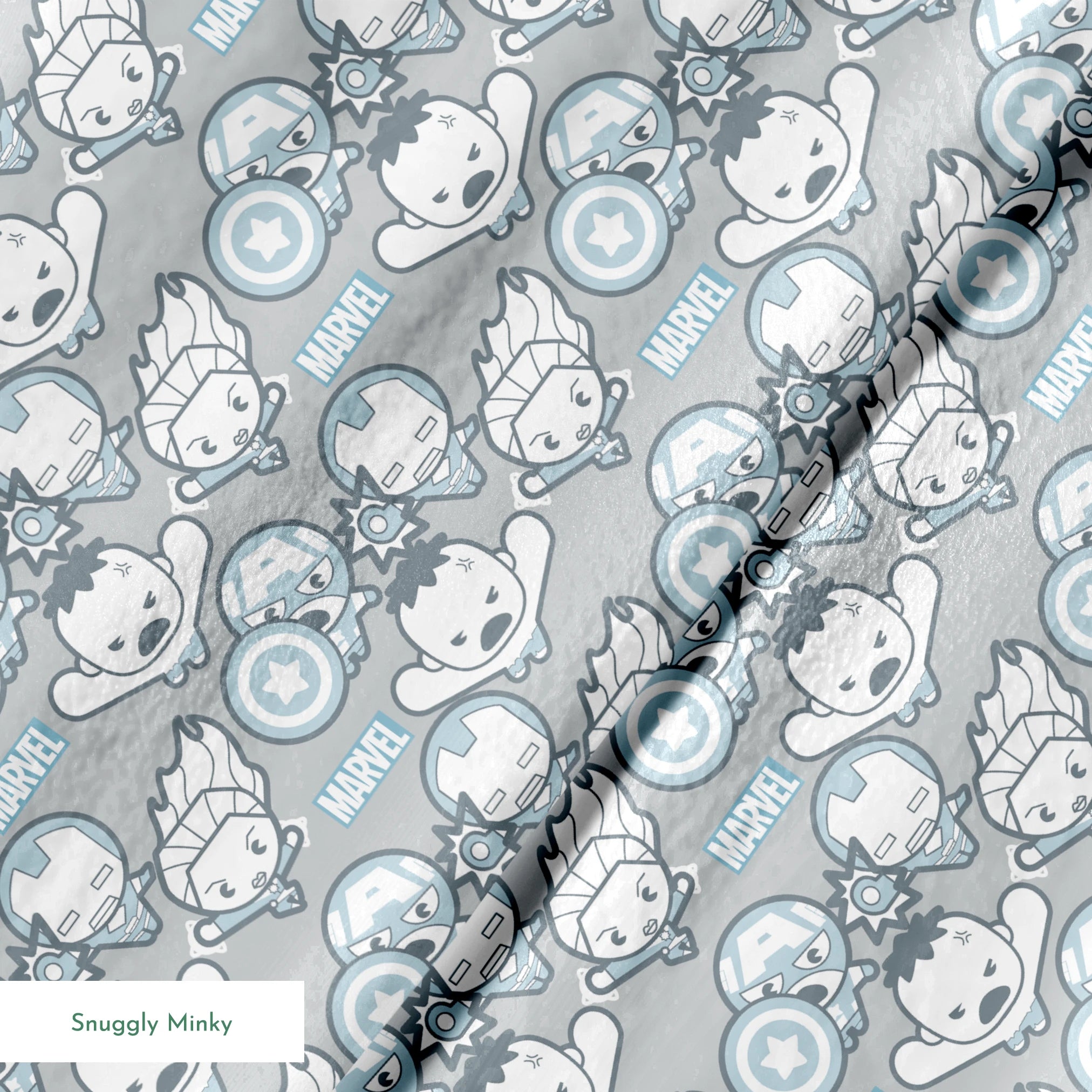 Cute cartoon Marvel superhero pattern with simplified characters and icons on gray background springs minky texture