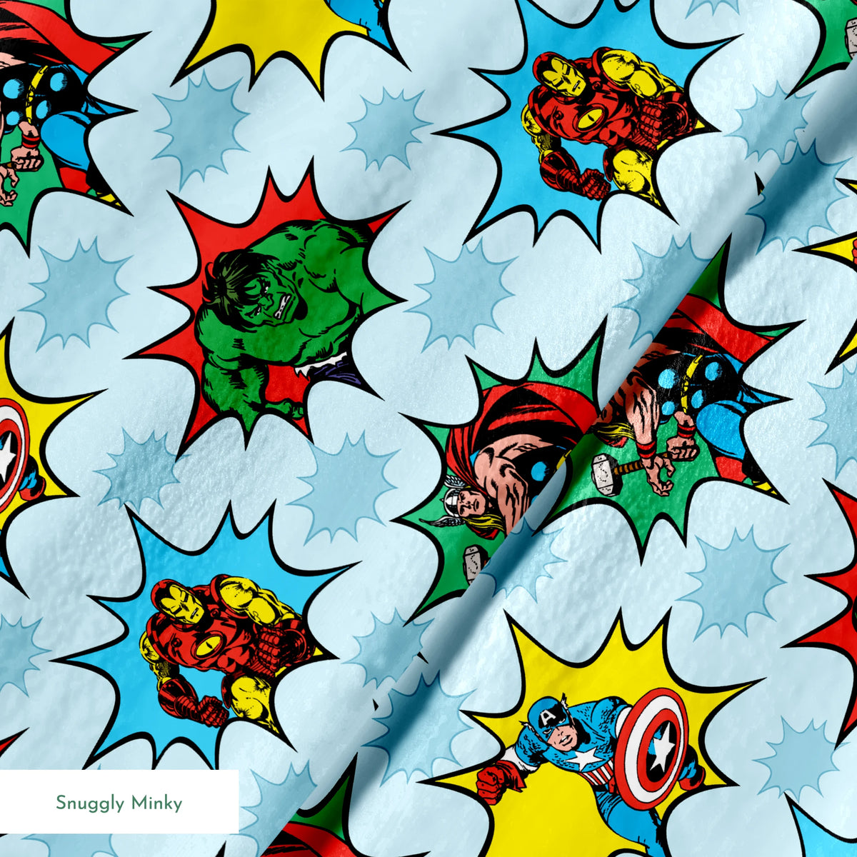 Marvel superhero pattern with Captain America, Iron Man, and Hulk in colorful burst designs on a blue background. springs minky texture