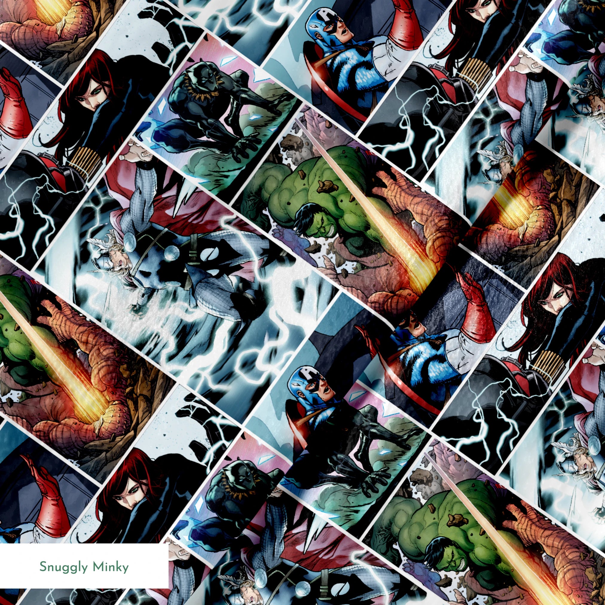 Comic book collage featuring Thor with lightning, Captain America with shield, Hulk, and various Marvel superheroes in action scenes springs minky texture