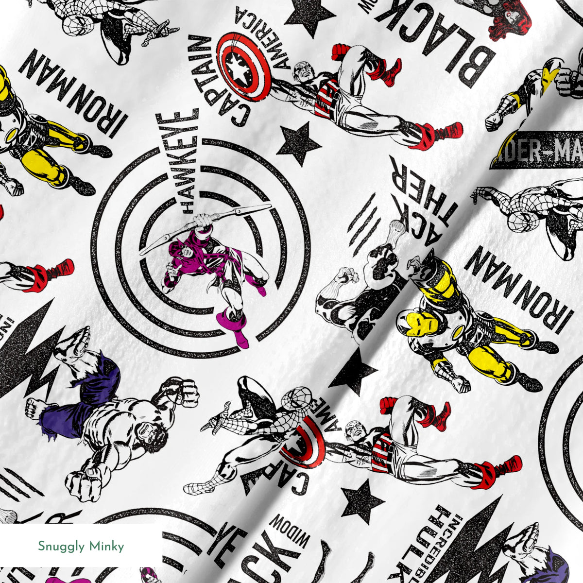 Marvel superheroes pattern with Iron Man, Captain America, Hulk, and Black Panther on white background springs minky texture