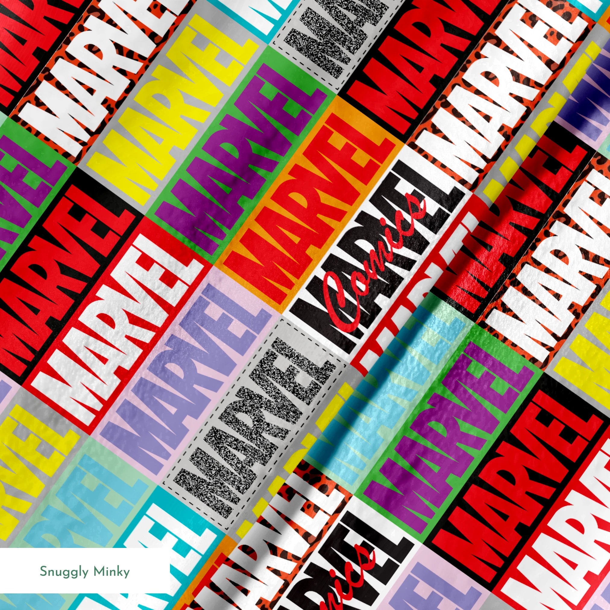 Colorful grid pattern of Marvel logos in various colors including red, blue, yellow, teal, purple, and gray against contrasting backgrounds springs minky texture