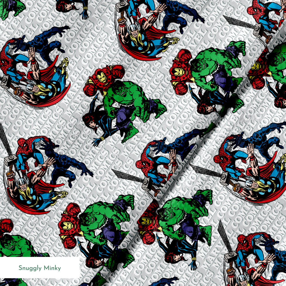 Marvel Comics superheroes pattern with Hulk, Iron Man, Captain America, and Spider-Man on a repeating text background. springs minky texture