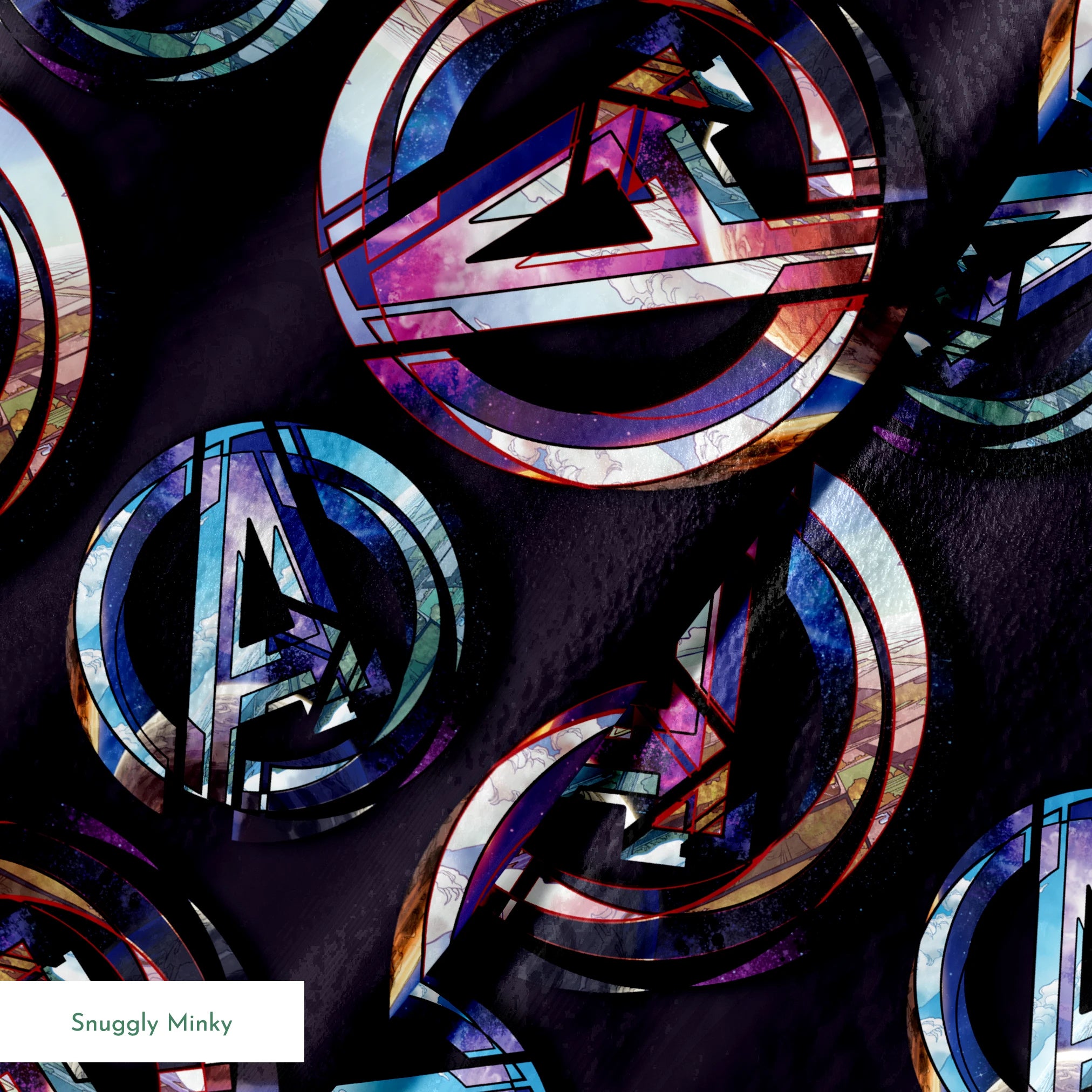 Colorful metallic Avengers logo pattern with iridescent purple and blue reflections on dark background springs minky texture