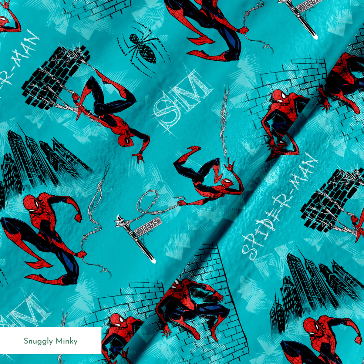Spider-Man pattern on turquoise background with multiple poses, web designs, and logos springs minky texture