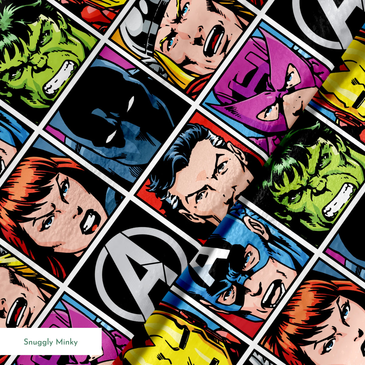Marvel Avengers character portraits in comic style grid with colorful backgrounds showing superheroes and their iconic looks. springs minky texture