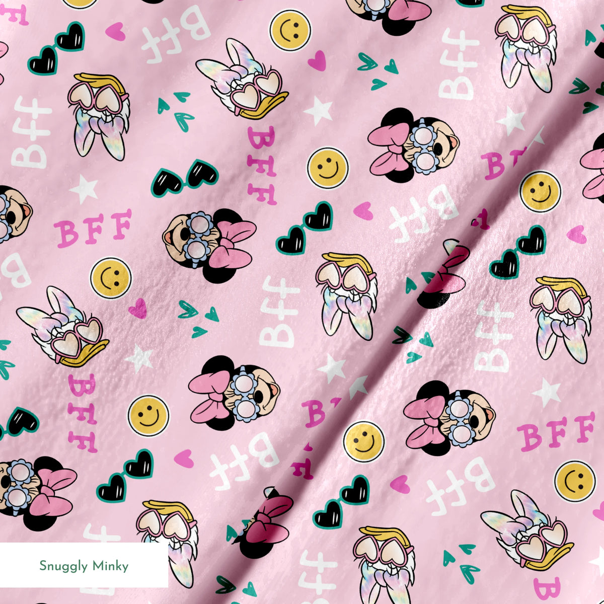 Pink background with Minnie Mouse pattern featuring bows, heart sunglasses, smiley faces, and "BFF" text in playful colors. springs minky texture