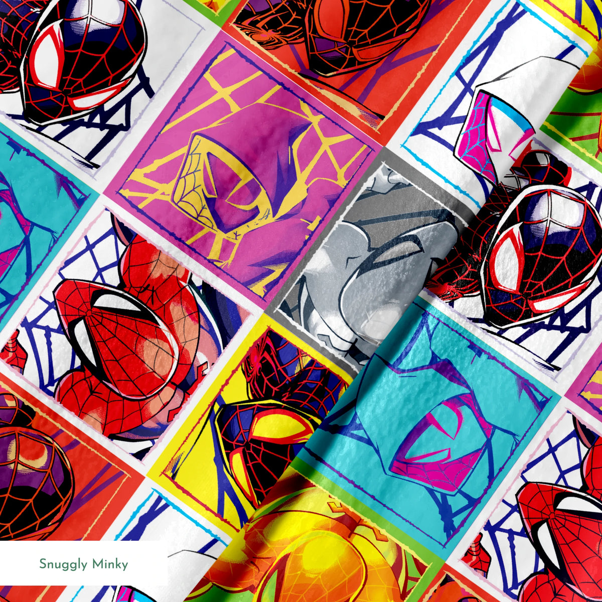 Colorful pop art grid of nine Spiderman designs in vibrant color schemes springs minky texture