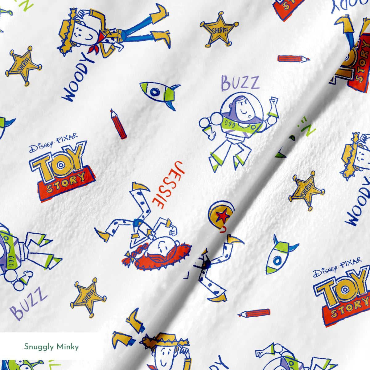 Toy Story pattern with Buzz Lightyear and Woody characters, stars, and spaceships on white background springs minky texture
