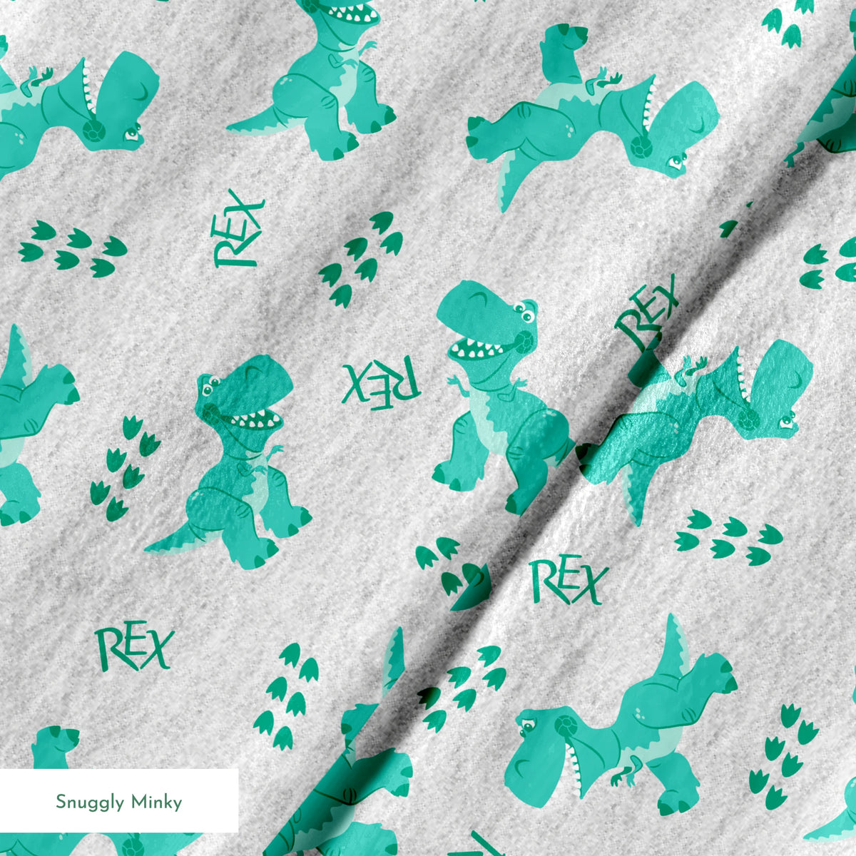 Playful Toy Story' Rex pattern on light gray heathered background springs minky texture