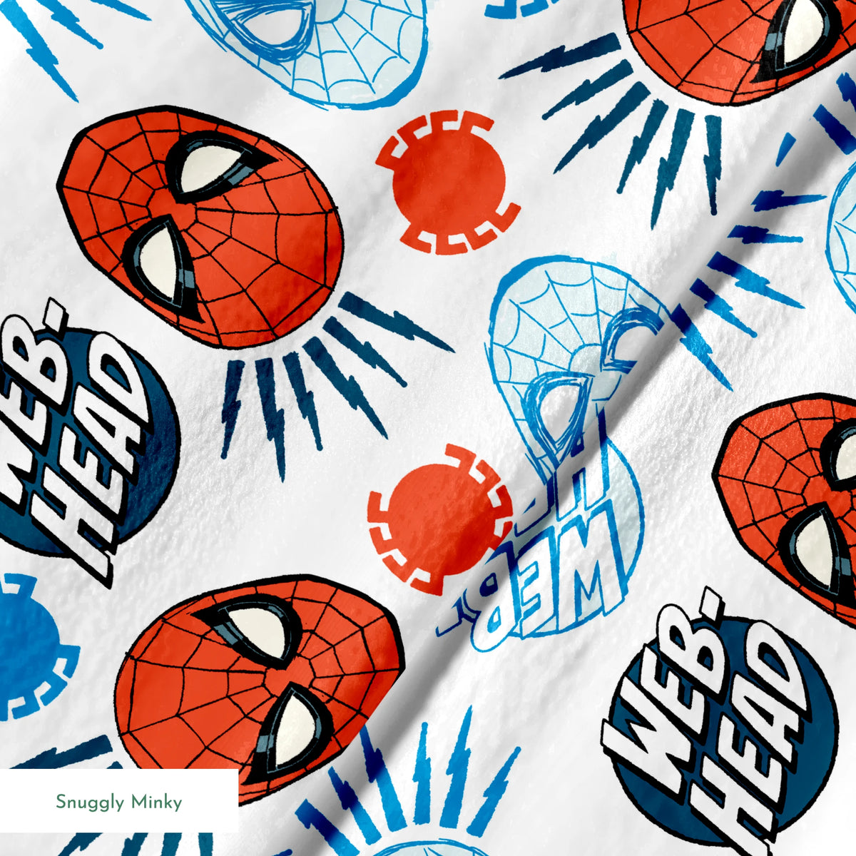 Spider-Man masks pattern with blue and red heads, "WEB HEAD" text, and radiating lines on white background. springs minky texture