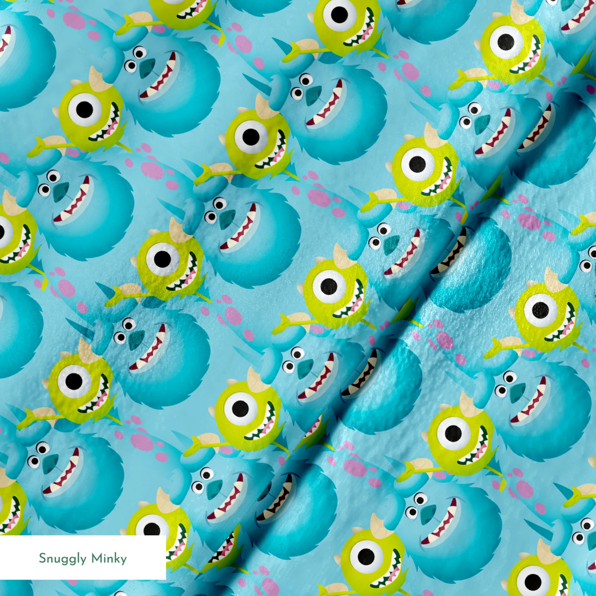 Repeating pattern of Monsters Inc characteres - Mike & Sulley on light blue background. springs minky texture