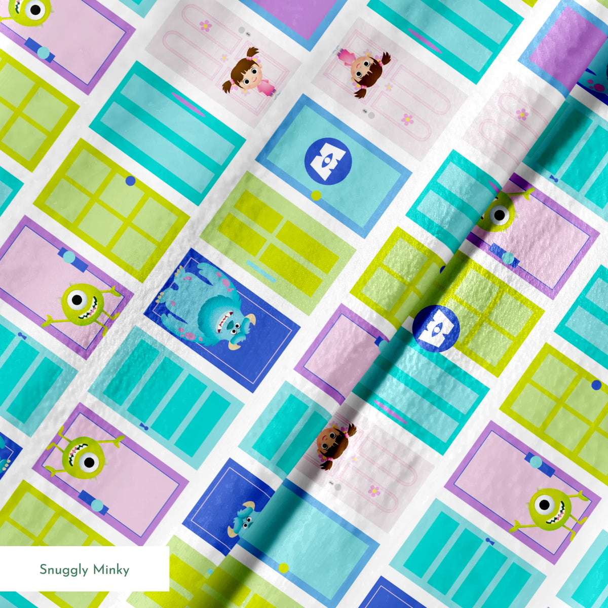 Colorful cartoon monster doors pattern inspired by Monsters Inc. with teal, purple, and green doors springs minky texture