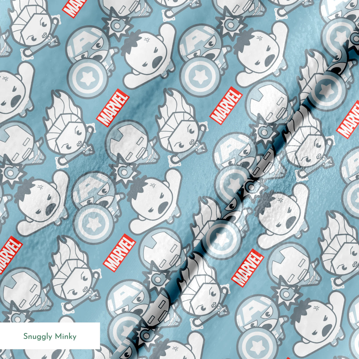 Marvel kawaii superhero pattern with cartoon characters, shields, and gear symbols on blue background springs minky texture