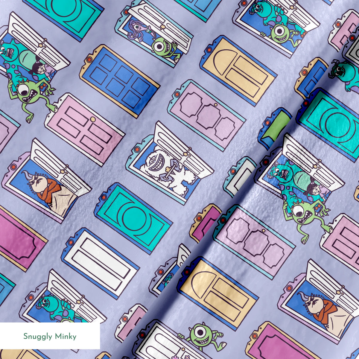 Colorful pattern of cartoon monster characters peeking through various doors in purple, blue, pink, and green on a lavender background. springs minky texture