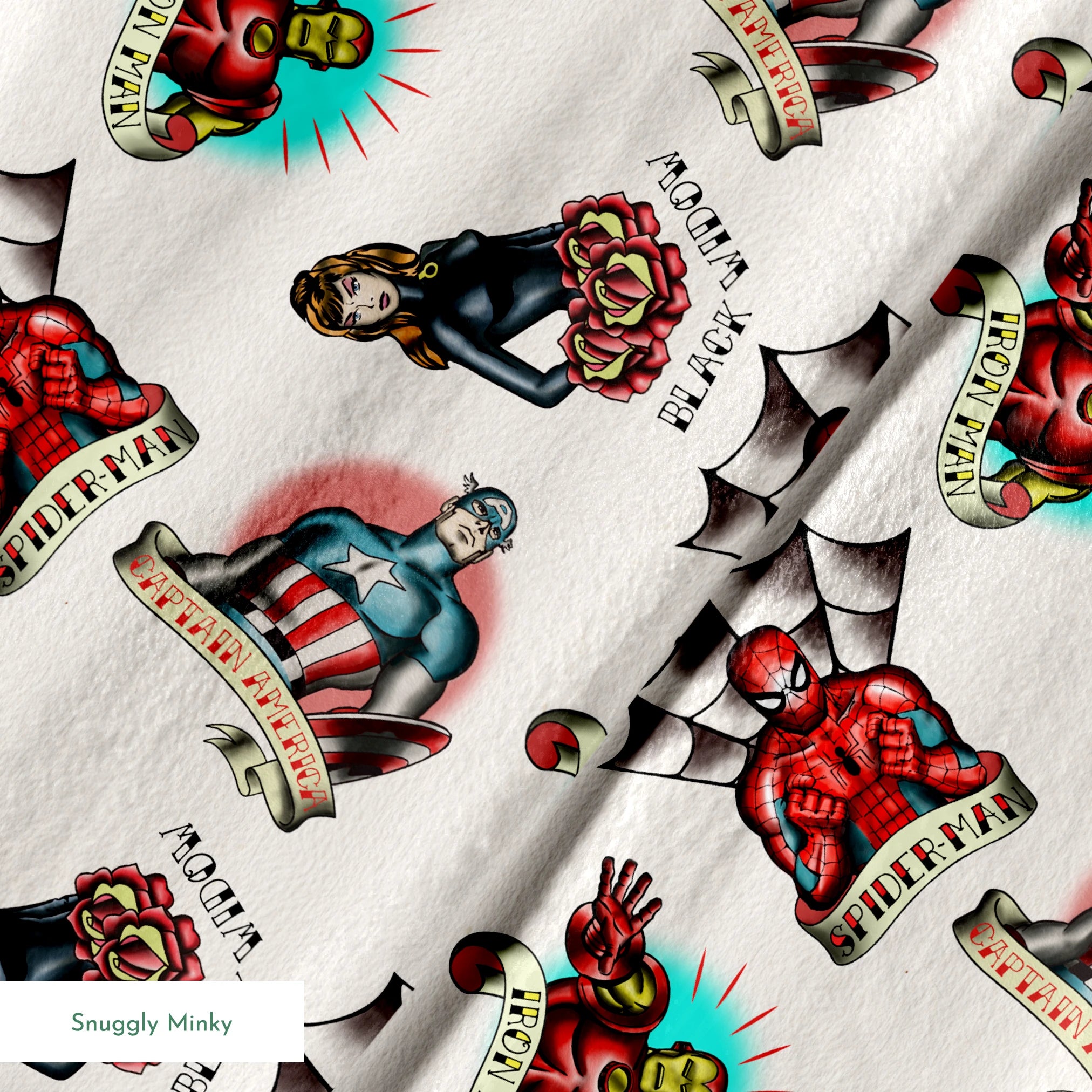 Traditional tattoo flash art designs featuring black panthers, hearts with daggers, spider webs, and colorful elements on cream background springs minky texture