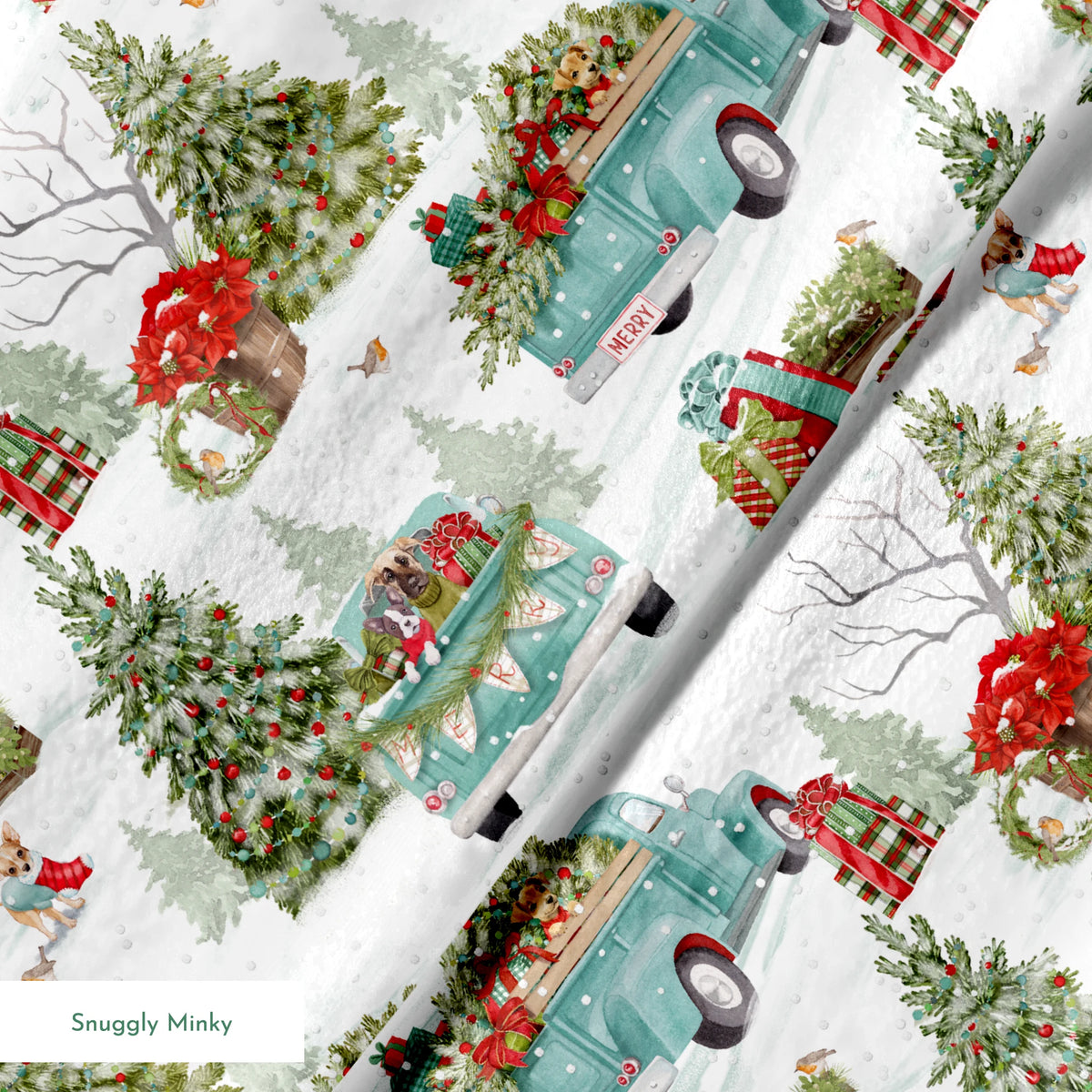 Vintage-style holiday fabric by Nicole Tamarin featuring teal trucks with Christmas trees, dogs, snow, and gifts in a festive winter landscape. springs minky texture