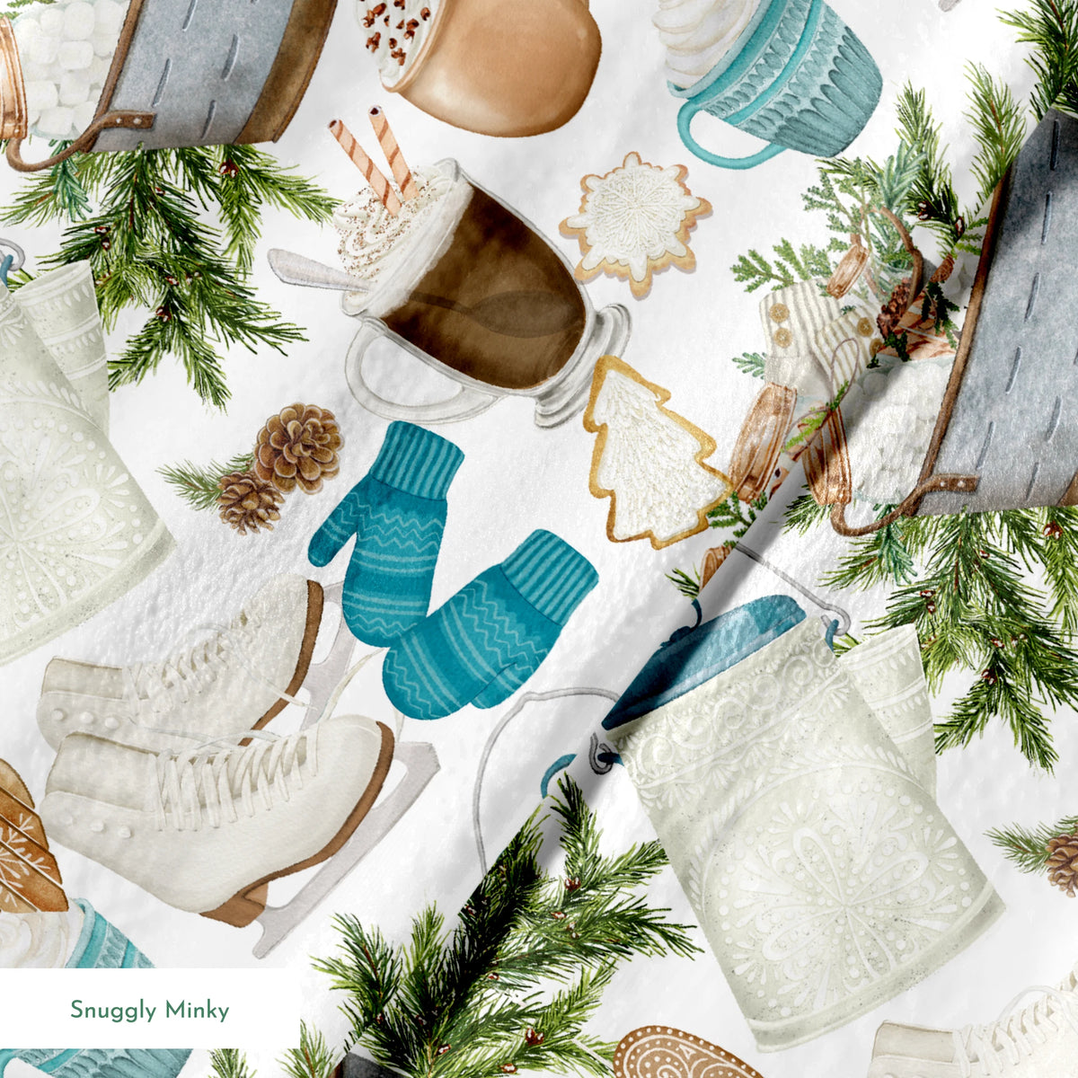 Winter-themed pattern featuring cocoa mugs, ice skates, mittens, pine branches, and holiday cookies in neutral and blue tones by Nicole Tamarin. springs minky texture