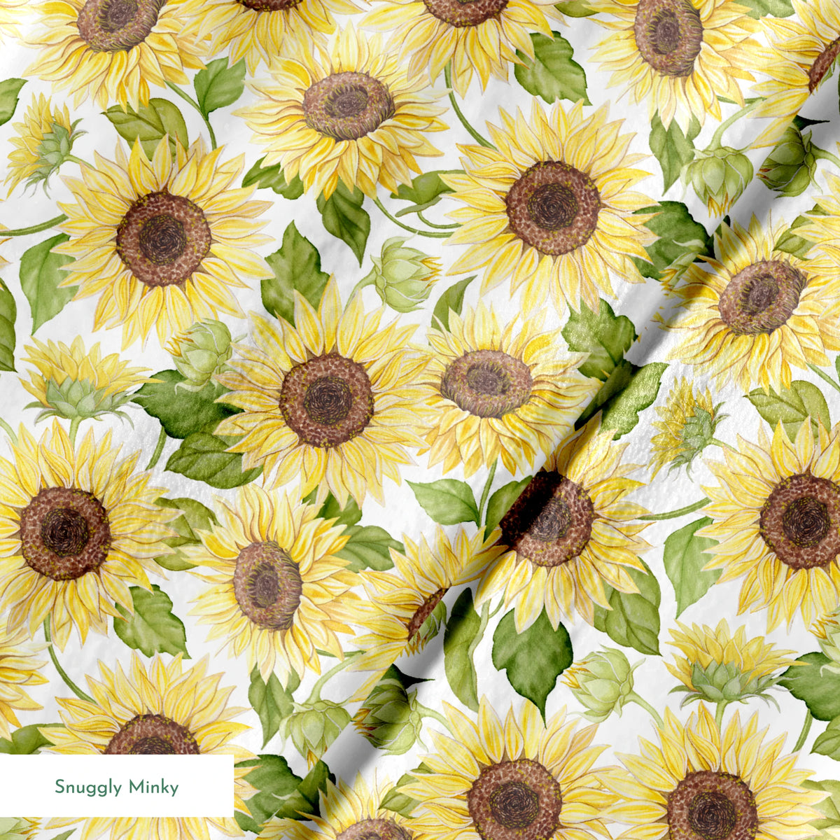 Watercolor-style packed sunflower pattern with yellow blooms and green leaves on a white background, designed by Nicole Tamarin. springs minky texture