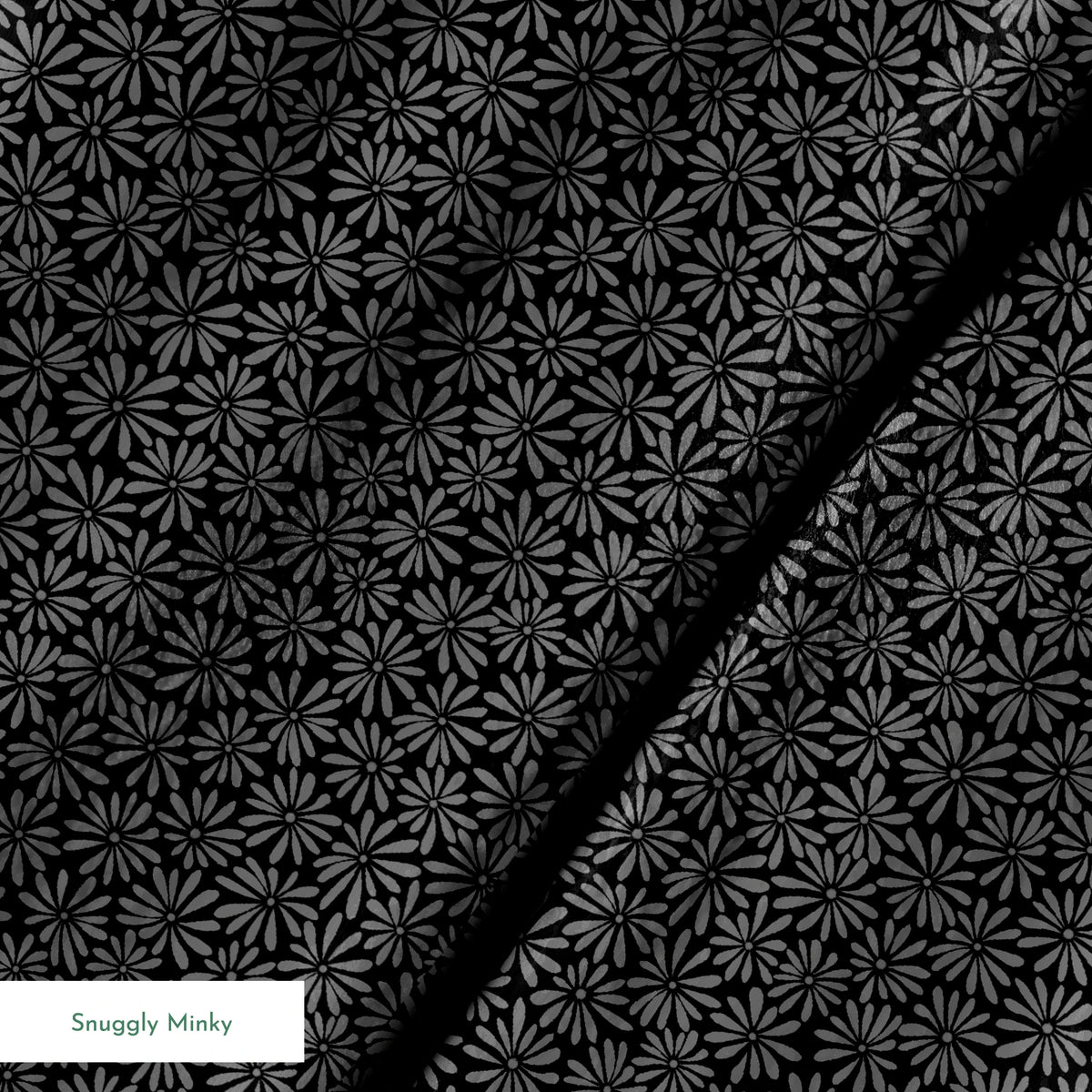 Tonal gray daisy ditsy floral fabric on a black background, designed by Nicole Tamarin – ideal for modern quilting and neutral sewing projects. springs minky texture