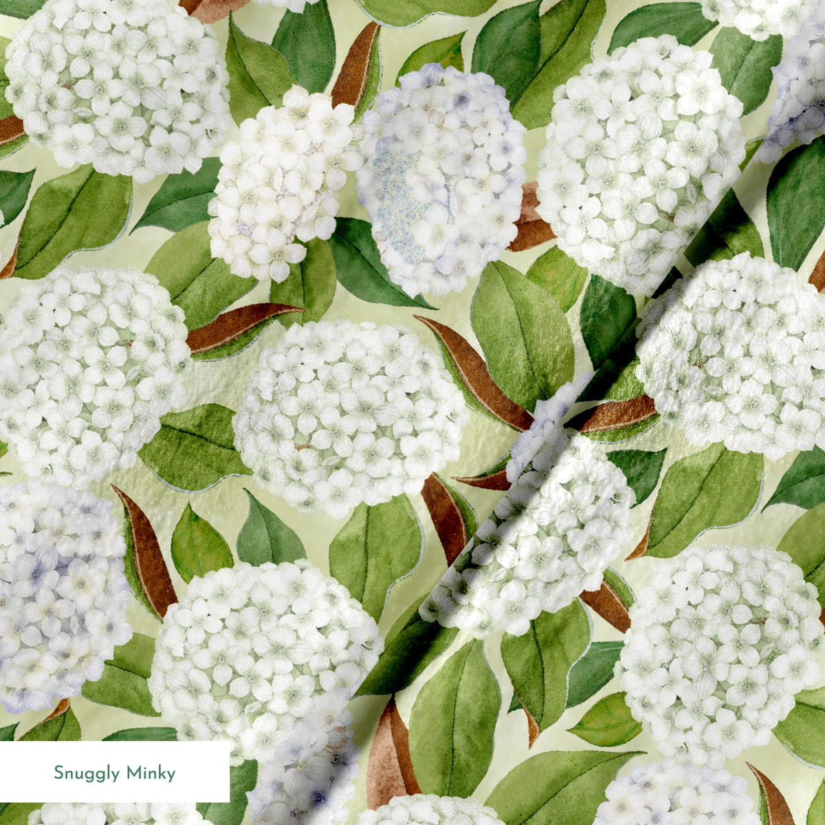 Realistic white hydrangea clusters with green leaves on a soft cream background, designed by Nicole Tamarin in a timeless botanical style. springs minky texture