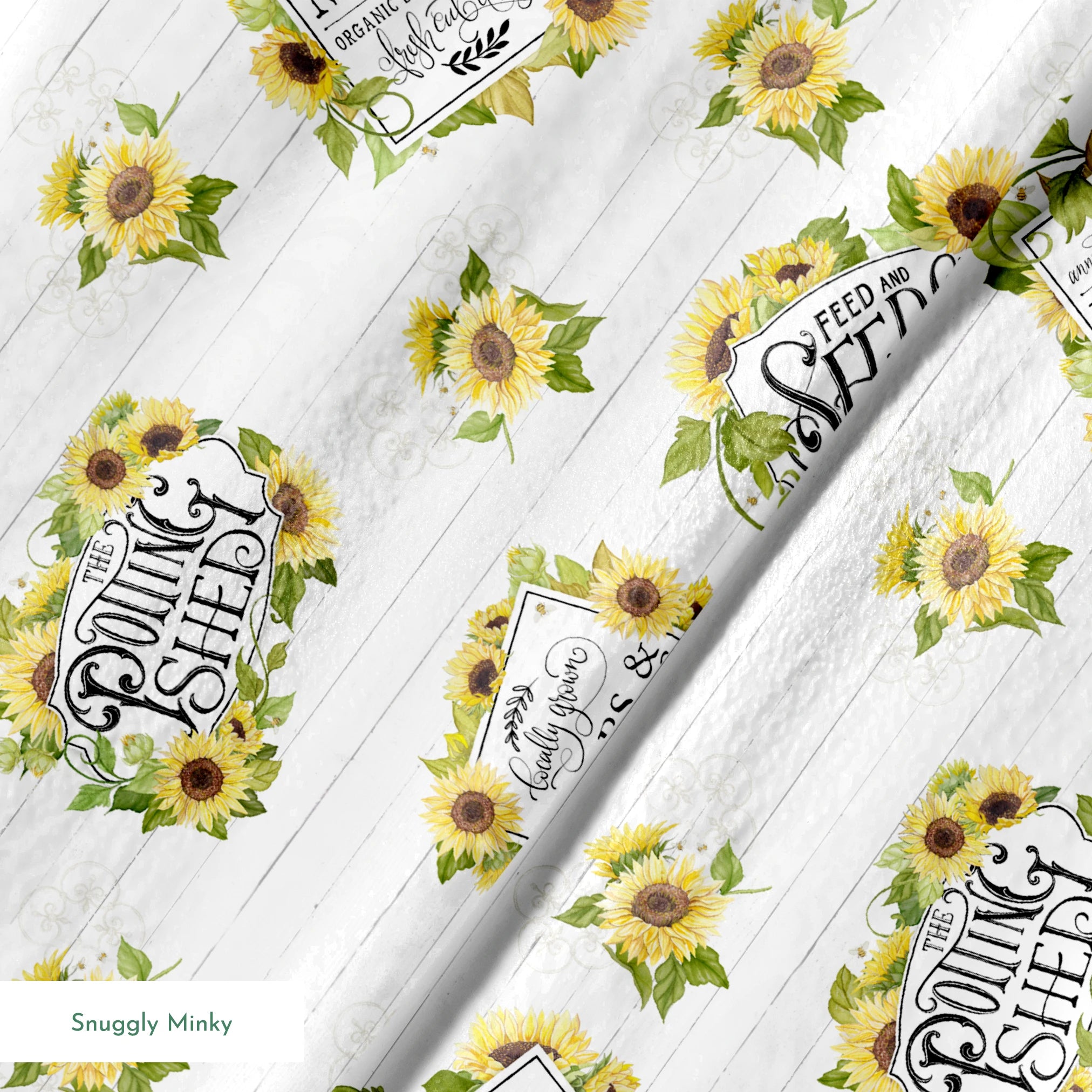 Watercolor sunflower clusters with vintage-style gardening labels on a white shiplap background, designed by Nicole Tamarin. springs minky texture