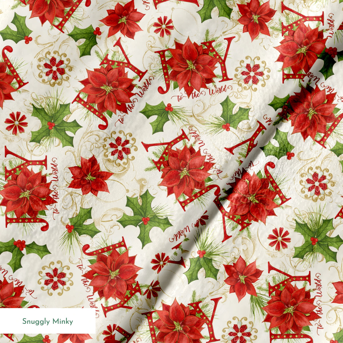 Red poinsettias, holly leaves, pine sprigs, and peppermint candy motifs with scattered “Joy” text in a festive holiday toss design by Nicole Tamarin. springs minky texture