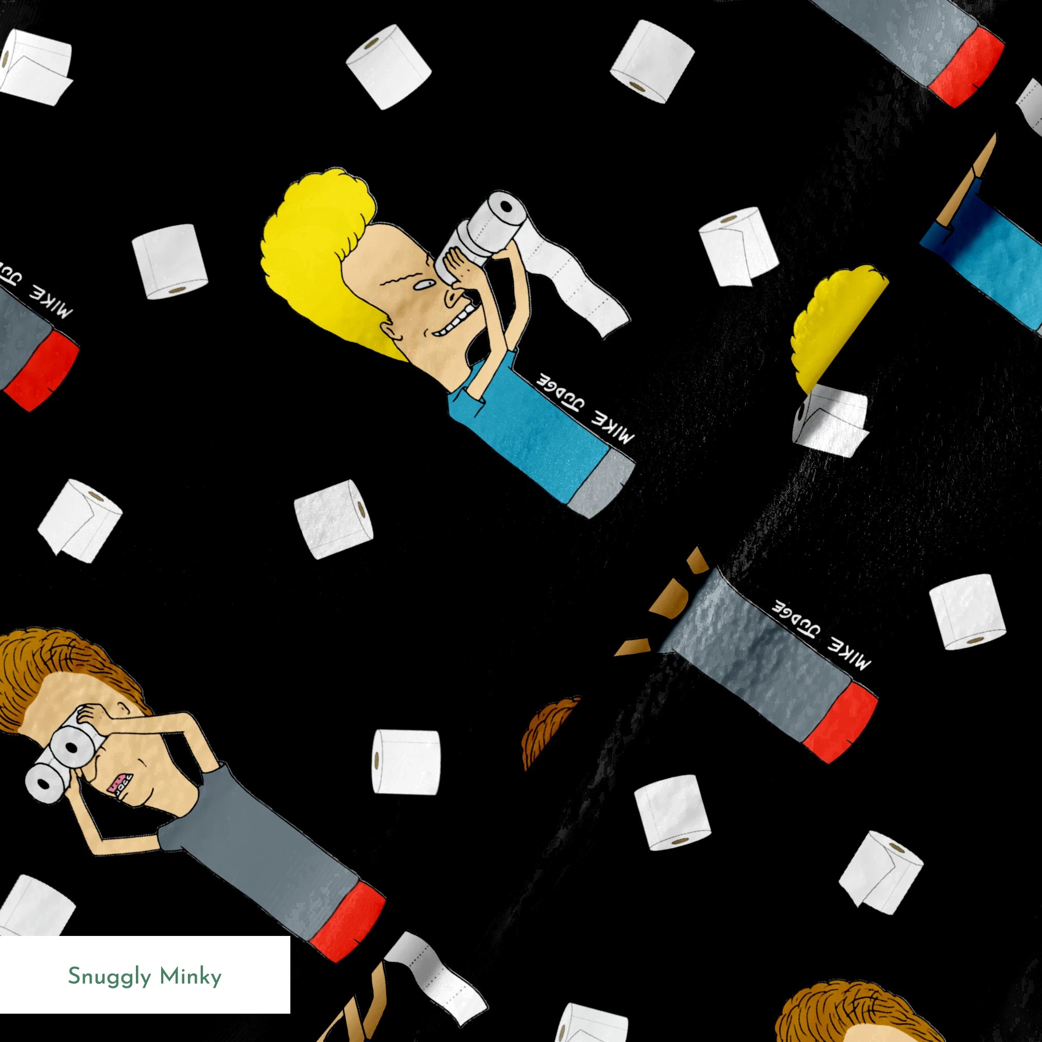 Cartoon characters with exaggerated features on black background with white squares scattered throughout the pattern springs minky texture