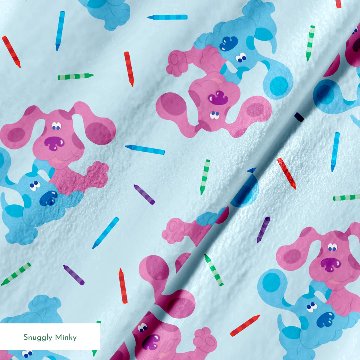 Playful pattern of cartoon blue and pink dogs with colorful stick accents on light blue background springs minky texture